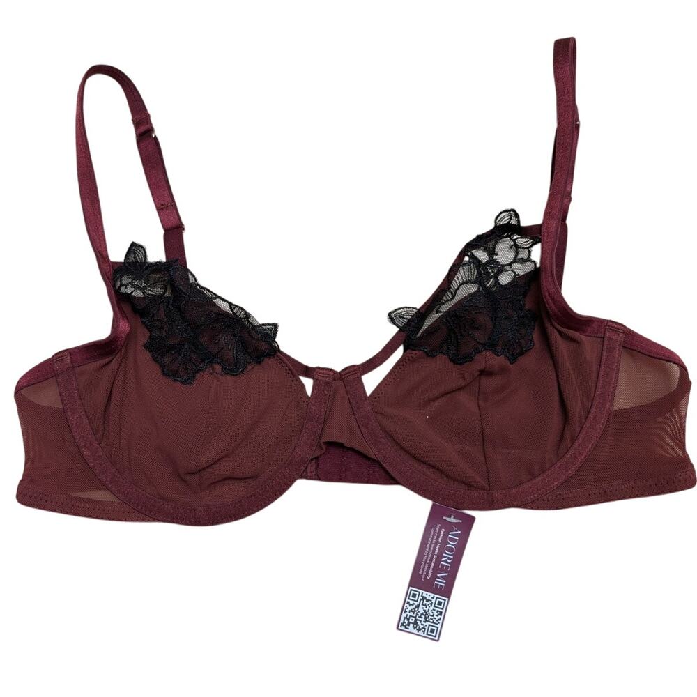 Adore Me Andy Unlined Demi Bra‎ Windsor Wine Mesh Cup Strappy Cutout Lingerie